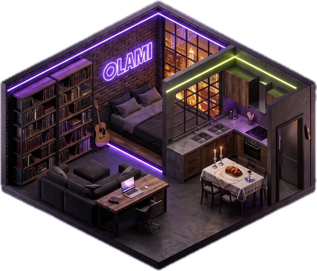Квартира OLAMI Apartments в разрезе: спальня, гостиная, кошерная кухня, рабочее место и стол к Шаббату